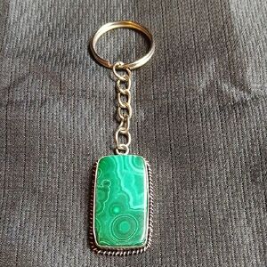 Malachite Gemstone Rectangular Shape Keychain with Silver Chain